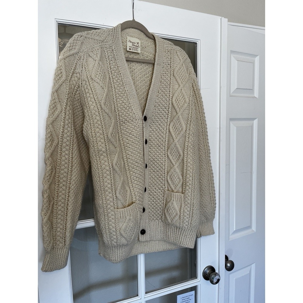 Athena Designs Irish Handknit‎ Wool Cable Knit Sweater Size L Cream Beige V Neck - Picture 2 of 10